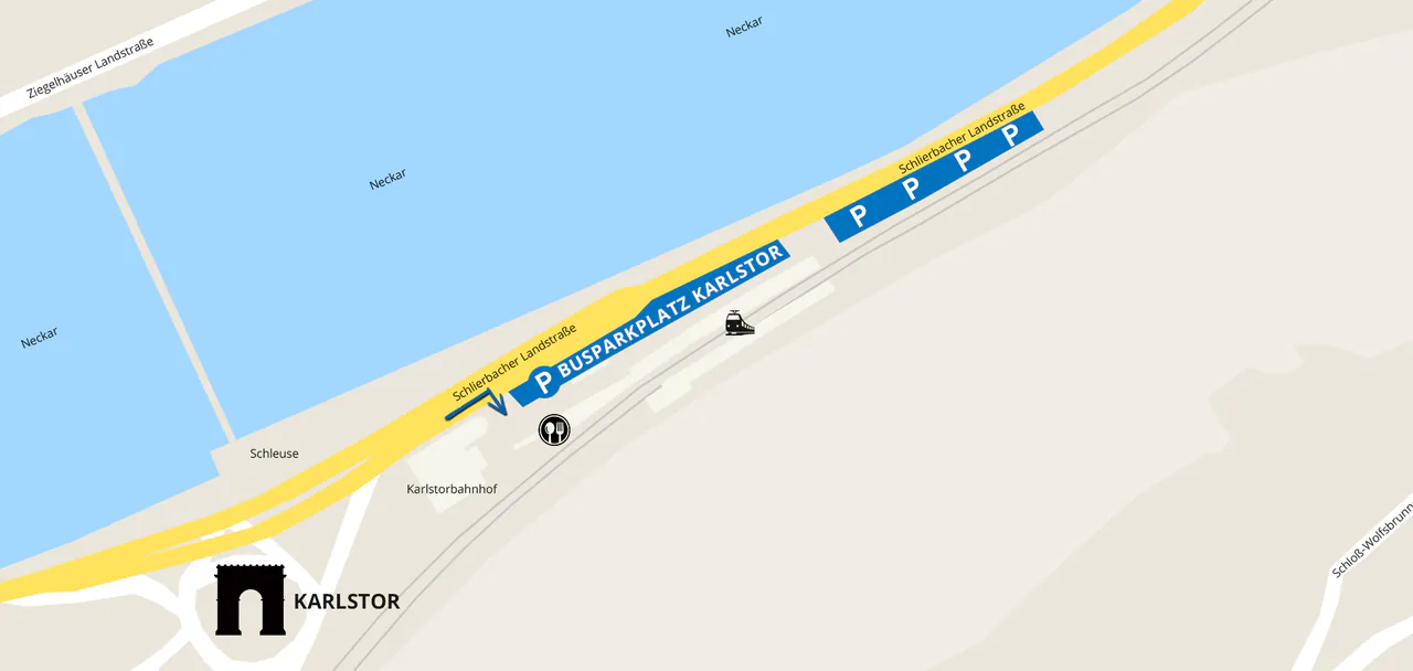 Lageplan des Busparkplatzes Karlstor am Neckarufer
