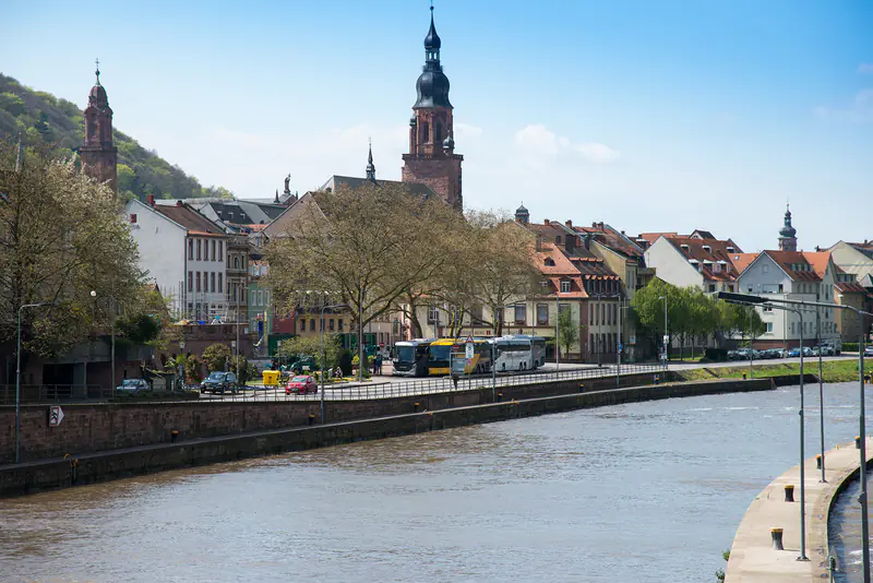 Neckarufer am Neckarmünzplatz mit Blick auf die Heidelberger Altstadt und die Heiliggeistkirche